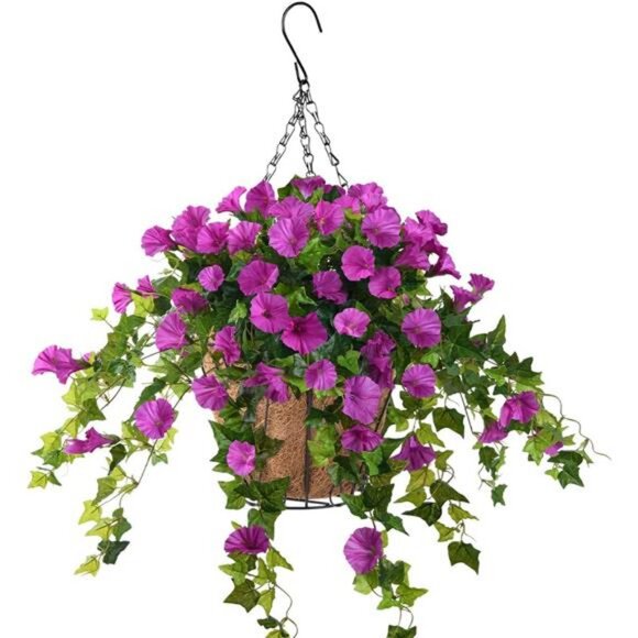 Artificial Vine Silk Petunia Flowers Hanging Plant in Basket, Coconut Lining - Picture 1 of 6